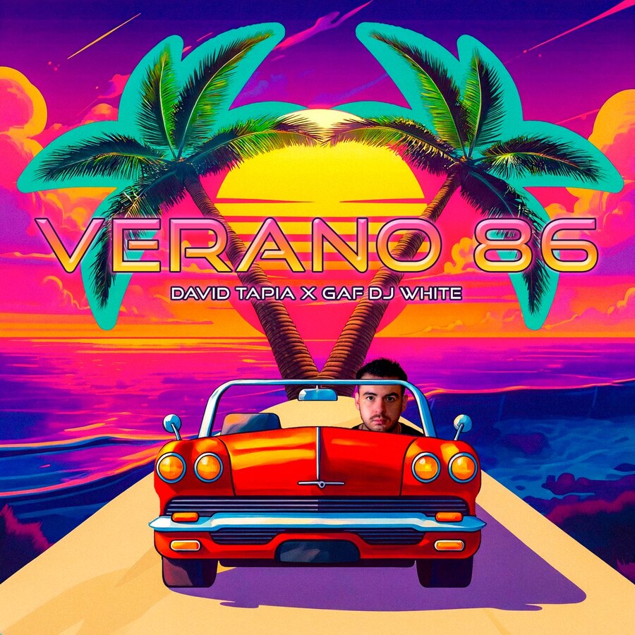 Portada de Verano 86, auto convertible rojo frente a un atardecer con palmeras